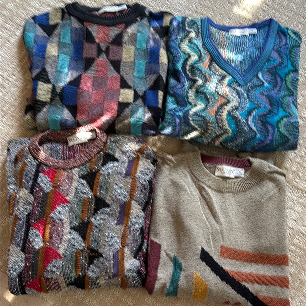 Burgundy Teal Crewneck Sweater with Intricate Patterns